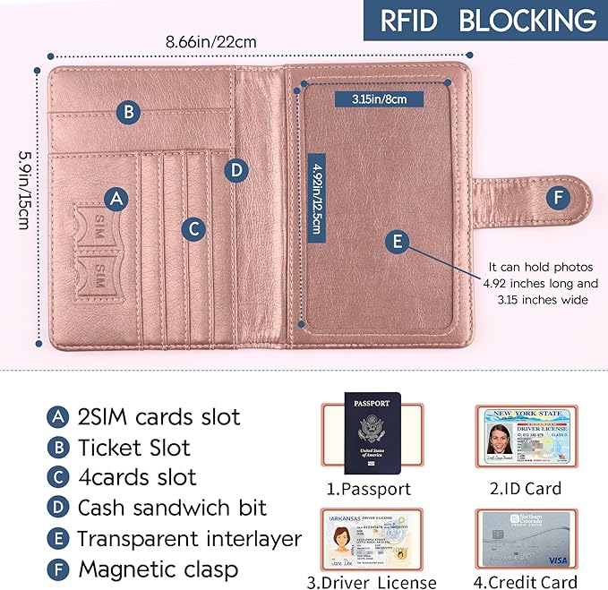 Passport Holder and Card Slot Combo RFID Blocking Leather Family Travel Passport Wallet Travel Accessories for Men Women US Passport Cover Protector (Travel pink)