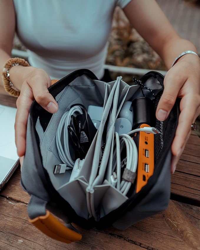 Tech Bag Organizer - Small Electronics Organizer Pouch for Travel - Premium Travel Case with Leather Accents - Mesh Pocket for Cables, Cords and Chargers (Grey)
