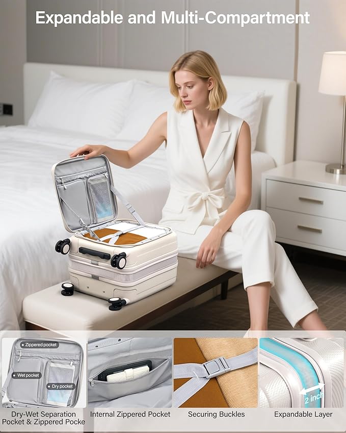 Hanke 16 Inch Expandable Under Seat Luggage with Wheels Top Opening Small Suitcase with Wheels Carry On Luggage Airline Approved Lightweight Hard Shell Suitcases for Weekender Overnight-Ivory White