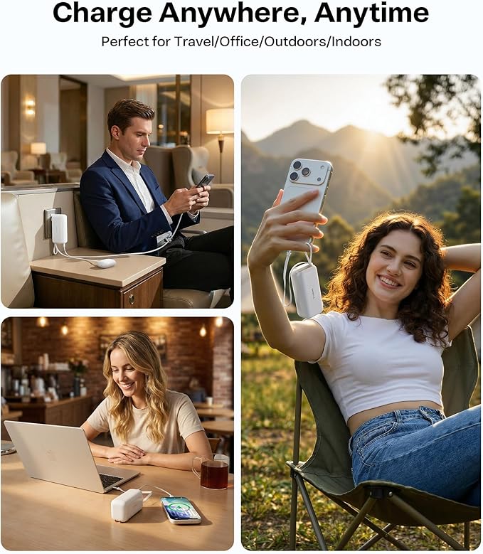 TORRAS EasyGo 3-in-1 Portable Charger Power Bank with Wall Plug & Retractable USB-C Cable, Fast Charging 10000mAh Battery Pack for iPhone 17/16/15, Samsung, Laptop, MacBook - Travel Essential