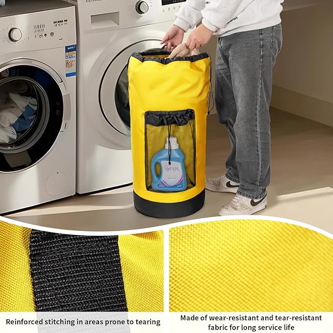 Laundry Bag Backpack with Shoulder Straps and Mesh Pocket Foldable Clothes Hamper Bag with Drawstring Closure for College, Apartment, Laundromat (Yellow)