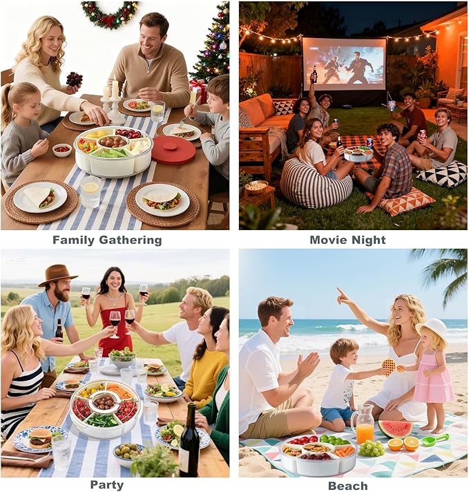 Rotating Divided Serving Tray with Lid and Handle,6 Compartments Snackle Box Container,12" Large Snack Spinner Lazy Susan,Snack Box Organizer Veggie Tray Fruit Platter Charcuterie Container Platterbox