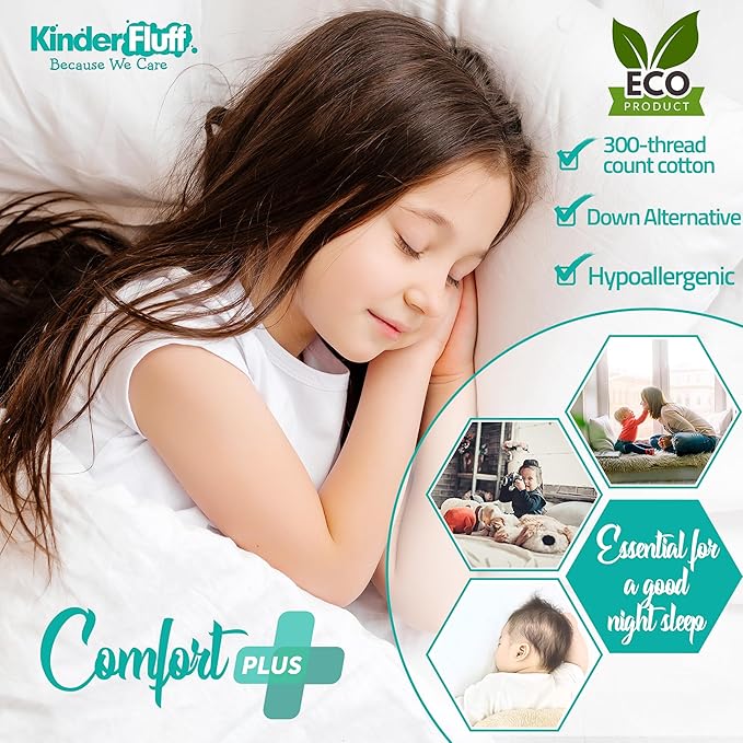 kinder Fluff Toddler Pillows (2pk) 13x18in- The only Pillow for Kids 300T Cotton Shell & Down Alternative Fill - Machine Washable, Ideal Cushion for Kids Above 2 Years - White- S