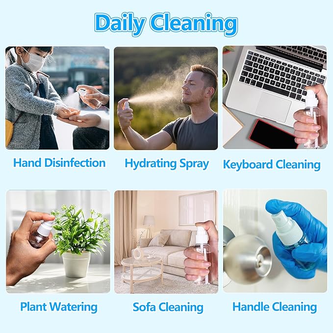 100PCS 1oz/30ml Small Mini Spray Bottles with 150pcs Labels, Clear Travel Spray Bottles Refillable Fine Mist Plastic Empty Bottle, Refillable Cosmetic Containers for Plants,Cleaning, Misting&Skin Care