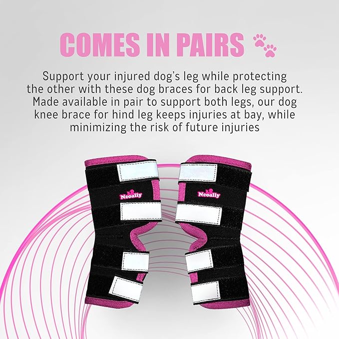 NeoAlly Dog Rear Leg Braces [Long Version] Canine Hind Hock Support with Safety Reflective Straps for Joint Injury, Sprain Protection, Wound Healing and Loss of Stability from Arthritis (Pink L Pair)