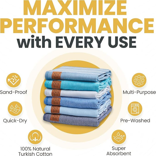 Gold CASE LYCIA Turkish Beach Towel Set of 6 – 100% Cotton Turkish Beach Towels Bulk 70 x 38'' – LYCIA Oversized, Quick Dry & Sand Free Beach Towel – Lightweight Towels Set in Tones of Blue