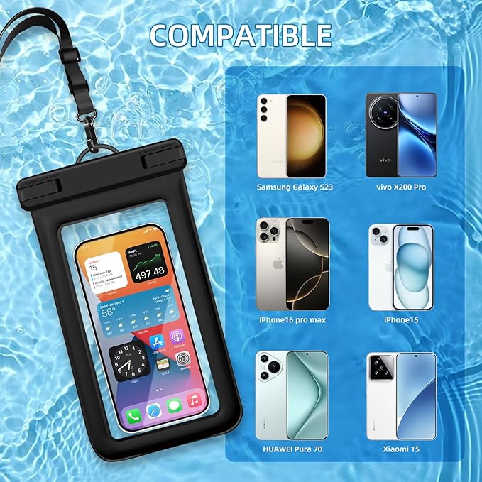 IPX8 Floating Waterproof Dry Bag 2-Pack, 7.2 Inch Waterproof Phone Pouch for iPhone 16/15/14 Pro Max Galaxy S24/S23 Adjustable Lanyard + Wrist Strap Beach Swimming Travel Essentials Black