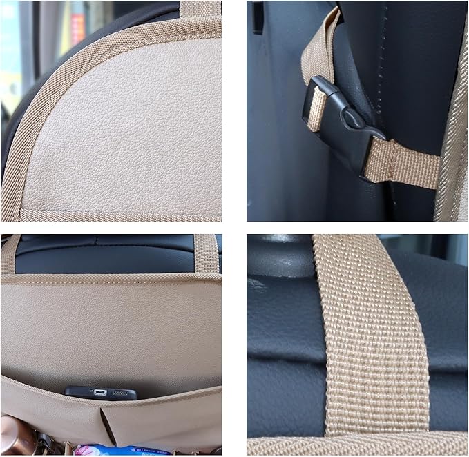 Car Backseat Organizer for Kids, Car Back Seat Storage Bag With 3 Pockets, 2 Drinks Holders, Water Resistant, Kids Toy Storage Kick Mat Back Seat Protector for Toddlers (Beige 1-Pack)