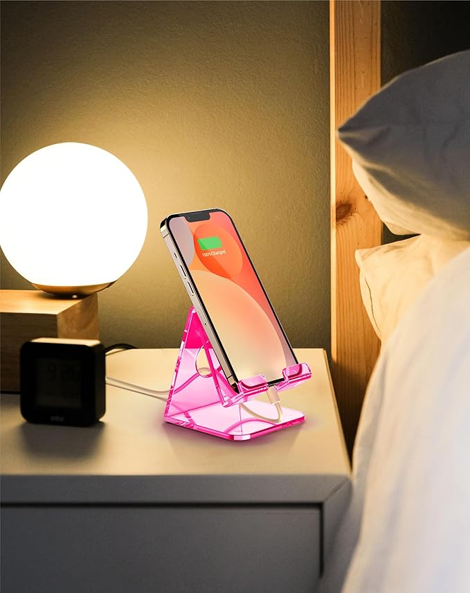 TOPGO Acrylic Cell Phone Stand, Clear Phone Holder for Office Desk, Vanity, Kitchen Counter, Bedside Table, Compatible with iPhone 17 16 15 14 13 12 11 Pro Max Plus/Smartphones/iPad/Switch - Rose Red