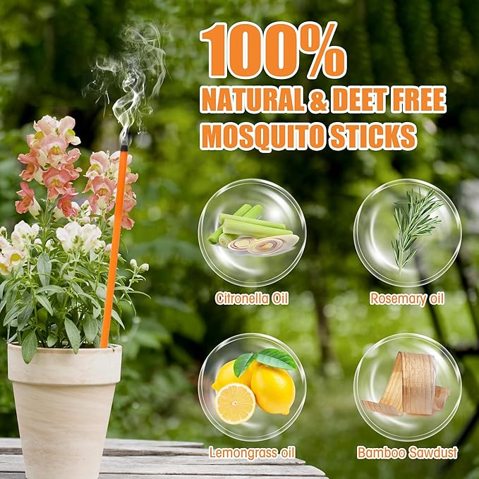 32 Pieces Mosquito Repellent Incense Sticks - DEET-Free Bug Repellent with Citronella & Lemongrass Oils - Natural Outdoor Insect Repellent for Patio, Camping, Travel - 2+ Hours Burn Time Each