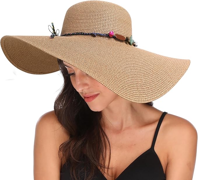 Lanzom Womens Wide Brim Straw Hat Big Floppy Foldable Roll up Cap Beach Sun Hat UPF 50+