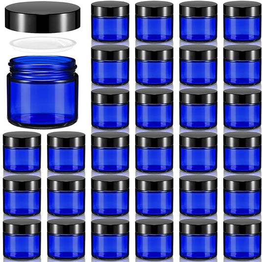 Domensi 32 Pcs 2 oz Glass Jars with Lids Travel Size Round Leakproof Empty Cosmetic Jars with Inner Liners Lid for Storing Makeup Lotions Face Cream Ointments Candle DIY Making (Royal Blue)