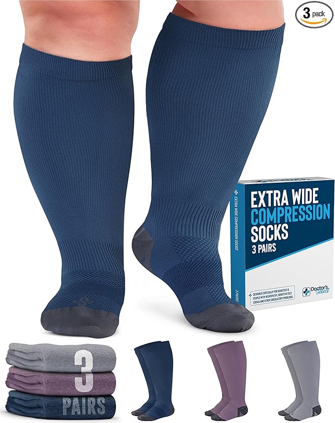 Doctor's Select 3 Pairs Plus Size Compression Socks Wide Calf - Up to 6XL | 20-30 mmHg Compression Socks for Women Wide Calf | Gray, Light Blue, Rose