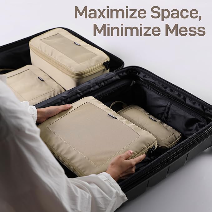 EPICKA TripCozy Compression Packing Cubes - 4 Set Durable Travel Organizer Bags with Mesh Top, Expandable Travel Accessories for Carry on, Luggage, Suitcase, Backpack (Khaki)
