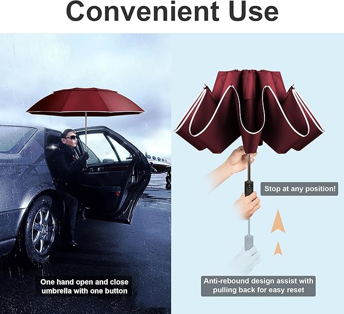 Urvoix Travel Umbrella Compact Windproof - Vented Double Canopy Umbrellas for Rain, Portable Umbrella Inverted Automatic Open Close with Reflective Strip