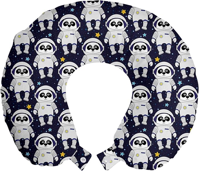 Ambesonne Space Travel Pillow Neck Rest, Cartoon Illustrated Repeating Panda Astronaut Characters Night Sky Stars, Memory Foam Traveling Accessory for Airplane and Car, 12", Indigo White