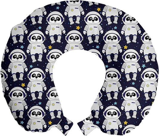 Ambesonne Space Travel Pillow Neck Rest, Cartoon Illustrated Repeating Panda Astronaut Characters Night Sky Stars, Memory Foam Traveling Accessory for Airplane and Car, 12", Indigo White