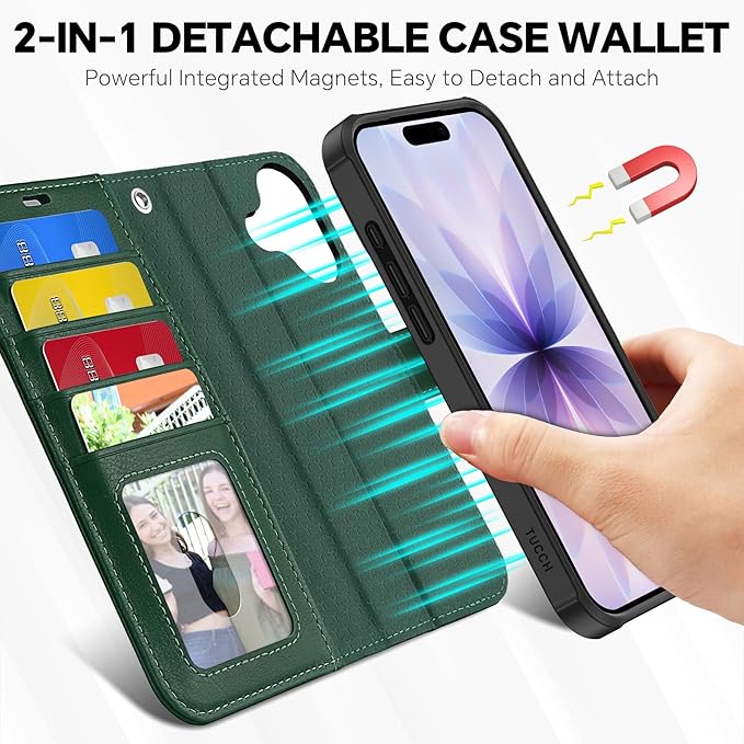 TUCCH 2-in-1 Removable Wallet Case for iPhone 17 (6.3-inch) 2025, Wireless Charging | RFID Blocking 4 Card Holder | Wrist Strap | Kickstand | Magnetic | PU Leather | Protective Flip Cover | Dark Green