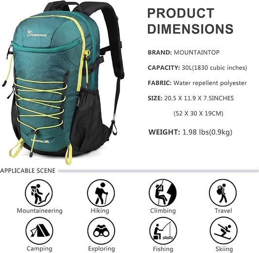 MOUNTAINTOP Hiking Backpack,30L Camping Backpack, Men Women Hiking Daypack Lightweight Travel Backpack for Climbing(Deep Green)