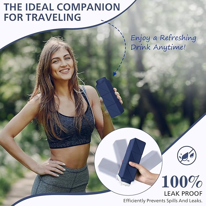 610ml Collapsible Water Bottles Upgrade Foldable Water Bottle BPA Free Reusable Lightweight LeakProof Silicone Water Bottles 20.6oz for Travel Hiking Office Camping Outdoor Sport Dark Blue