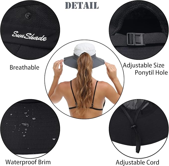 Womens Summer Sun Hat Beach Hat Wide Brim Outdoor UV Protection Hat Foldable Cool Mesh Ponytail Bucket Hat