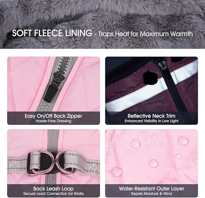 FUAMEY Dog Coat for Large Dogs,Waterproof Dog Winter Jacket with Harness Built in Puppy Cold Weather Coats Reflective Pet Vest with Zipper Warm Fleece Dogs Snowsuit Windproof Pink 2XL