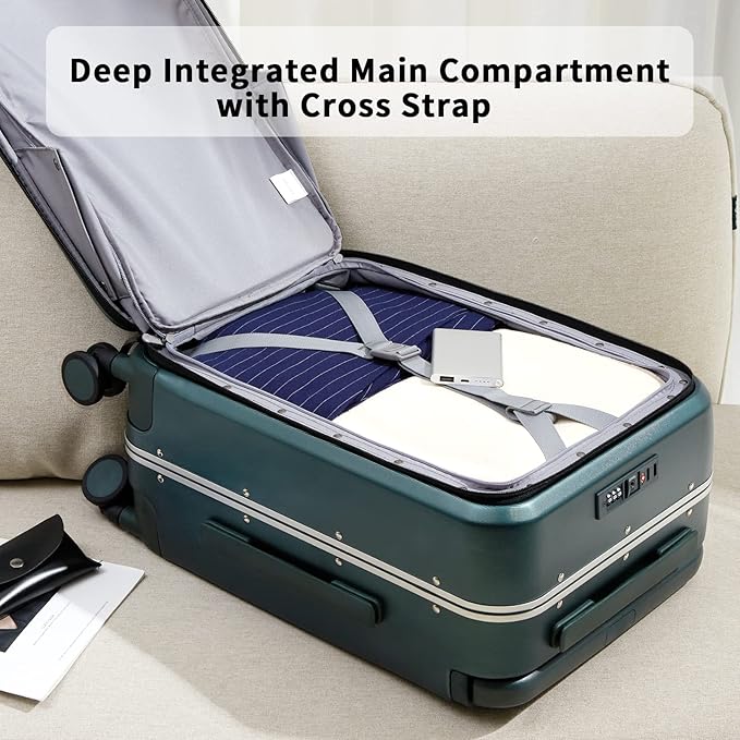 MILADA Wide Handle Carry On Luggage with Front Pocket Hardshell 20 Inch Front Opening Luggage with Spinner Wheels TSA Lock Aluminium Suitcase Airline Approved Carry-On Travel Luggage, Blackish Green