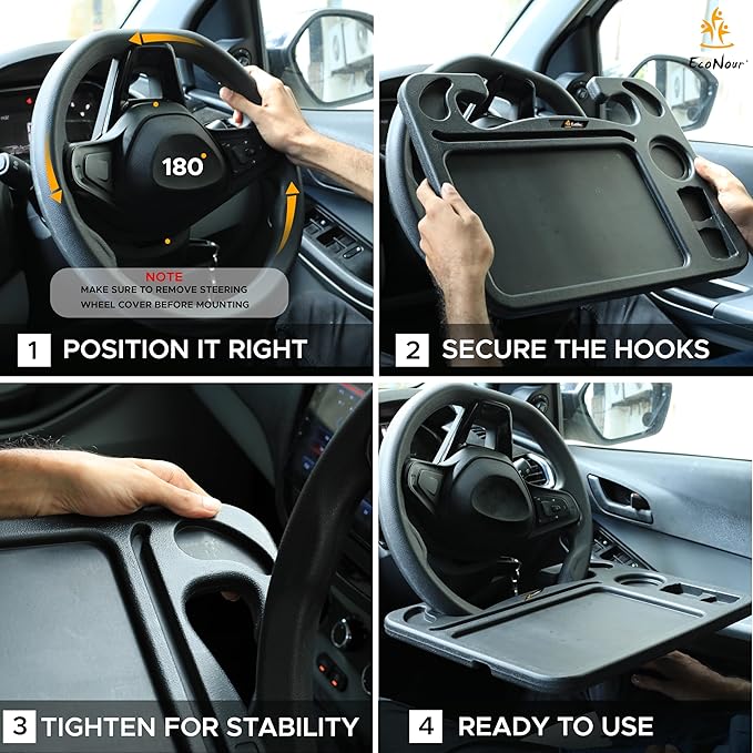 EcoNour 4 in 1 Car Steering Wheel Tray - 2024 Upgraded Tray with Dual Sauce Dip Holder and Tablet Holder | Spacious Steering Wheel Desk for Food and Laptop | Car Accessories (Large)
