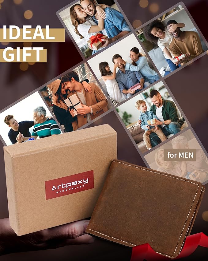 Artpaxy Mens Wallet Bifold Genuine Leather RFID Blocking Wallet for Men with 2 ID Windows 12 Card Holders 2 cash pockets 1 Gift Box