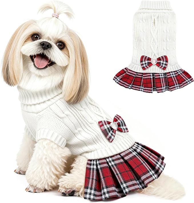 YUDODO Small Dog Sweater Dress with Bowtie Turtleneck - Knitted Pet Girl Dog Winter Clothes - Pet Warm Sweater for Puppy Yorkies, Chihuahua (XL White)