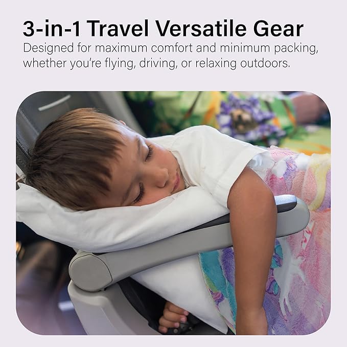 NAPRO Kids 3-in-1 Travel Blanket and Pillow Combo, Convertible Infinity Scarf, Lightweight Neck Support for Airplane, Car & Camping, Glow-in-The-Dark - Unicorn