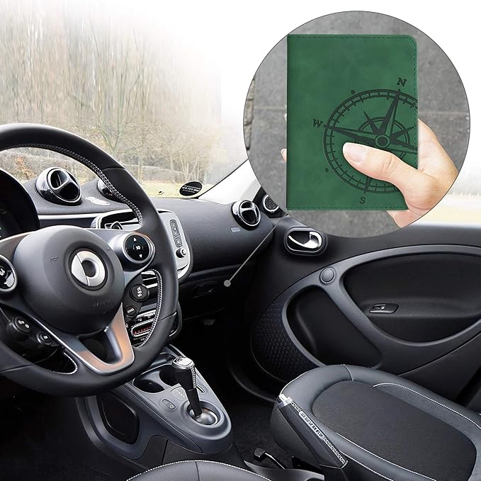 kwmobile Registration and Insurance Holder - Car Document Holder for Vehicle Documents and Cards - PU Leather with Design - Dark Green