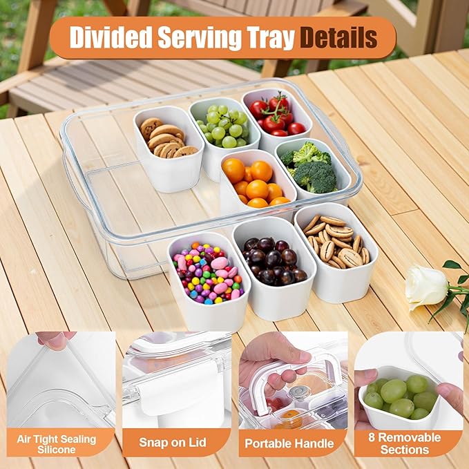 Dishwasher Safe Snackle Box Container, Portable Snacklebox for Veggie, Candy, Divided Serving Tray with Lid and Handle, 8 Compartment Fruit Platter for Party, Picnic, Travel