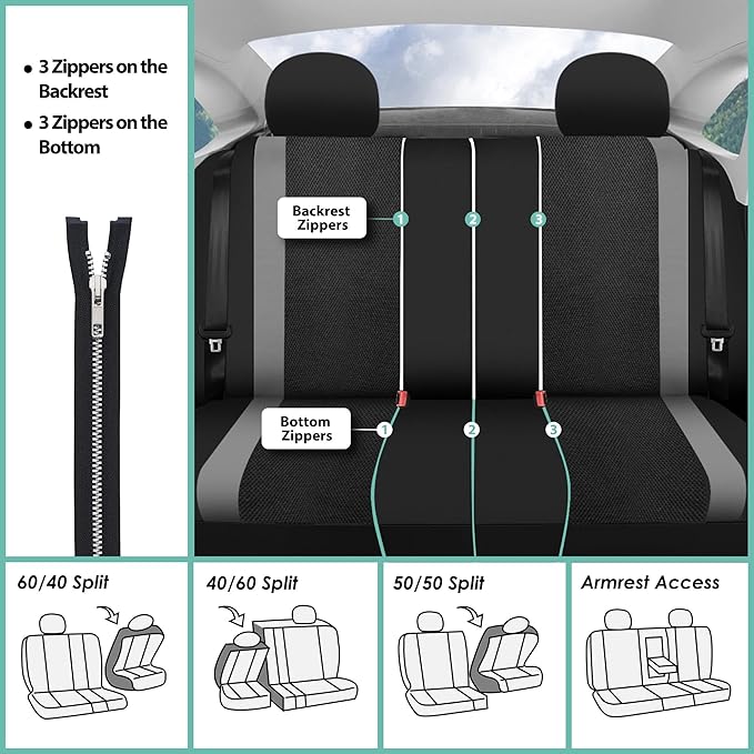 FH Group Car Seat Cover for Back Seat Premium 3D Air Mesh Gray Seat Cover Universal Fit Rear Seat Cover Split Bench Car Seat Protector for Dogs and Kids, Car Interior Accessories for SUV Sedan Van