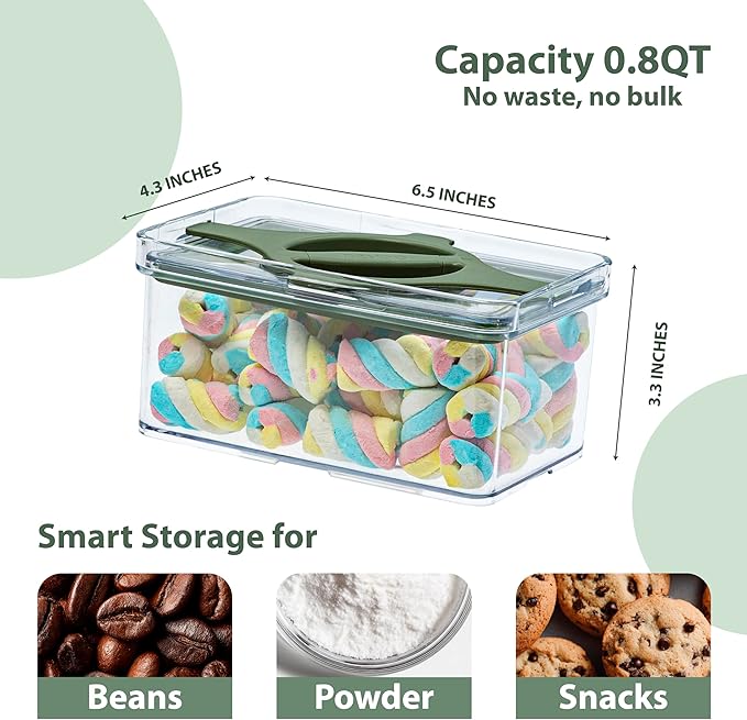Prestoor 4-Pack Small Pantry Containers, 0.8 QT/0.76 L Clear SAN Food Storage Canisters with Twist-Lock Lids, Stackable for Sugar, Tea Bags, Seasoning, Nuts, Snacks (Green)