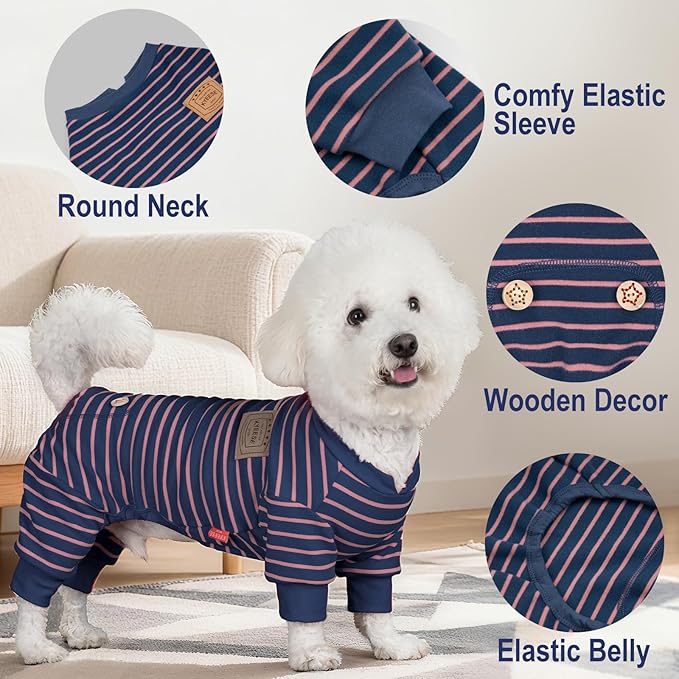 KYEESE Dog Pajamas, Stretchable Velvet Fleece 4 Legs Doggie Jammies, Striped Jumpsuit Pet Onesie, Cozy Outfit Comfortable Dog Clothes, Hair Shedding Cover Pet Sleepwear,Navy Blue Striped, Medium