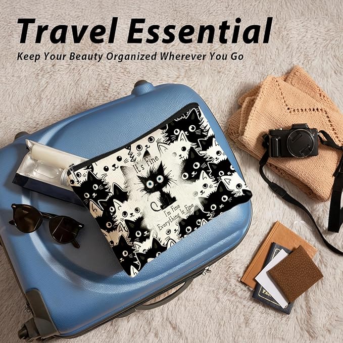Funny Cat Makeup Bag for Women & Teen Girls, It's Fine I'm Fine Everything Fine Travel Pouches for Toiletries, Kitty Cosmetic Zipper Travel Toiletry Bag, Cute Black Cat Gifts for Cats Gifts Lovers