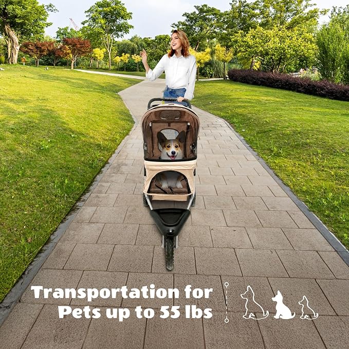 Critter Sitters 3-Wheel Jogging Dog Stroller with Storage Basket and Cup Holders, Modern and Stylish Pet Stroller for Medium to Large Pets up to 55 Pounds, Tan