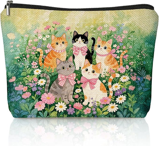 Cute Cat Flower Small Makeup Bag for Women, Kitty Cosmetic Zipper Travel Toiletry Bag for Daughters, Friends, Cats Girl & Women. Ideal Gifts For Travel, Birthdays, Graduation & Christmas.