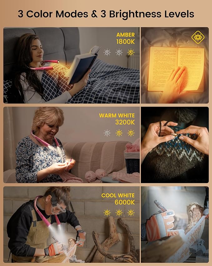 Glocusent Upgraded LED Neck Reading Light, Book Light for Reading in Bed, 30-min Timer, 3 Colors & 3 Brightness Adjustable, Rechargeable & Long Lasting, Perfect for Reading, Knitting