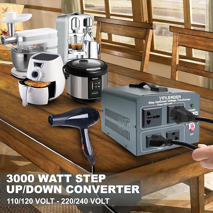 Yinleader Voltage Converter Transformer 3000w Step Up/Down Power Converter 110-120V to 220-240V/220-240V to 110-120V, with 2 US & 2 Universal Outlets, Circuit Breaker Protection (Grey)