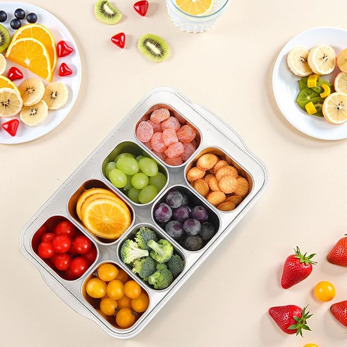 Snackle Box Container, 304 Stainless Steel Snack Containers, Portable Snacklebox for Veggie, Candy, Divided Serving Tray with Lid and Handle, 8 Compartment Fruit Platter for Party, Picnic, Travel