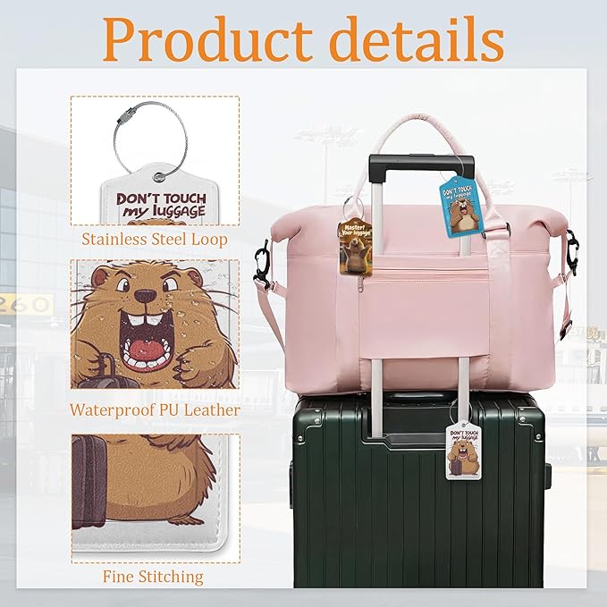 Capibara Luggage Tags for Suitcases, 3 Pack Leather Bag Tag Identifiers with Stainless Steel Loop and Address Card for Men Women