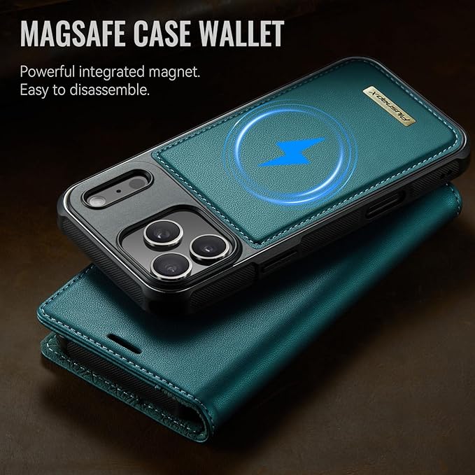PlusnapX Wallet Case for iPhone 17 Pro Max Compatible with Magsafe, 2-in-1 PU Leather Flip RFID Blocking Card Holder Stand Shockproof Magnetic Detachable Cover for iPhone 17 Pro Max 6.9", Bluegreen