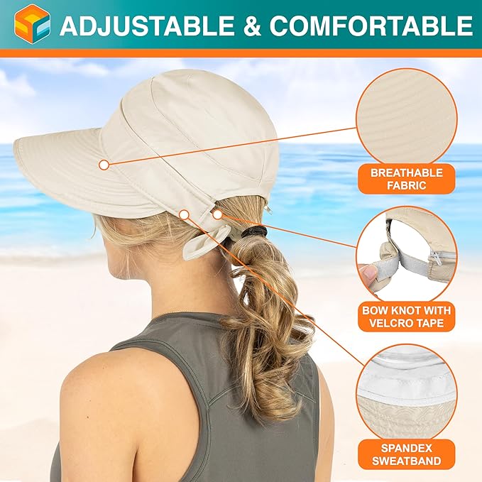 SUN CUBE Women Sun Hat for Outdoor UV Protection, Wide Brim Sun Hat Ponytail, Convertible Zip-Off Beach Hat Visor