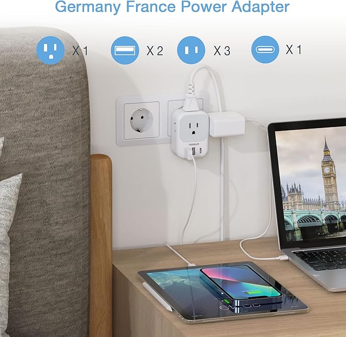 TESSAN Type E F Plug Adapter, Germany France Power Adapter with 3 USB Ports(1 USB C), 4 AC Outlets Travel Adaptor for US to Europe EU Spain Iceland Korea Greece Russia German French