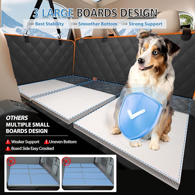 Back Seat Extender for Dogs-Mesh Window, Dog Car Seat Cover for Back Seat, 400lbs Capacity Hard Bottom, Waterproof Dog Hammock for Mid-Size Cars, SUVs, Black/Orange(52‘x24.8’)