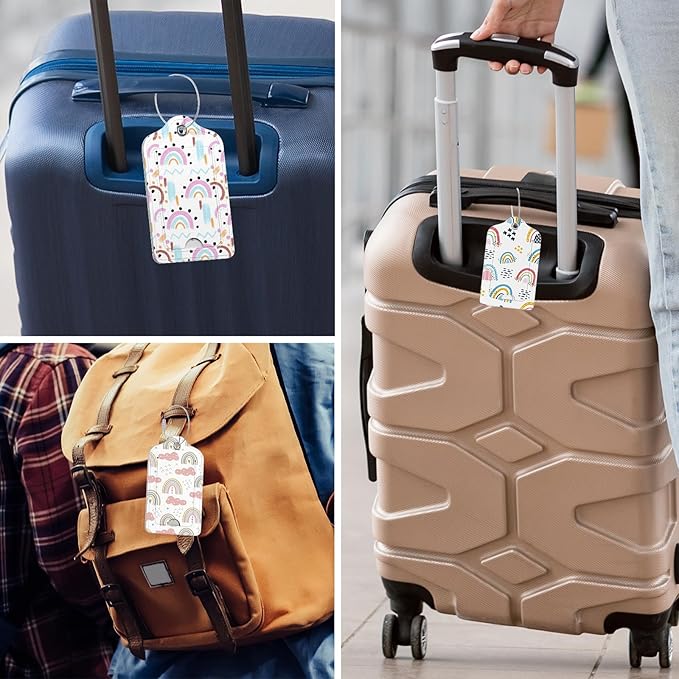 Rimilak 3 Pcs PU Leather Luggage Tags for Suitcase, Travel Cruise Luggage Tag with Privacy Flap, Name ID Label and Metal Loop for Women Men Baggage Handbag School Bag Backpack, Rainbow