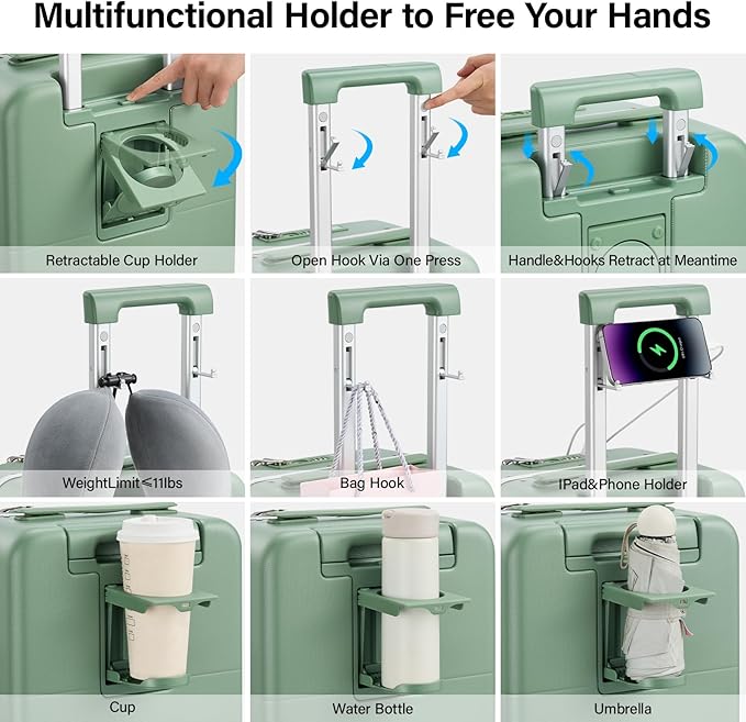 Hanke 24 Inch Luggage with Cup Holder and Charge,Top Opening Hard Shell Suitcases with Wheels and Dividers,Aluminum Frame Trunk Luggage Medium Checked Suitcase with Lock for Travel,Forest Green