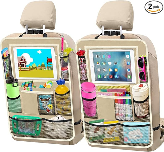 Car Backseat Organizer ，2 Pack Car Organizer Back Seat with 11" Tablet Holder, 10 Storage Pockets Seat Back Protectors Kick Mats for Kids Toddlers, Travel Accessories (Beige)